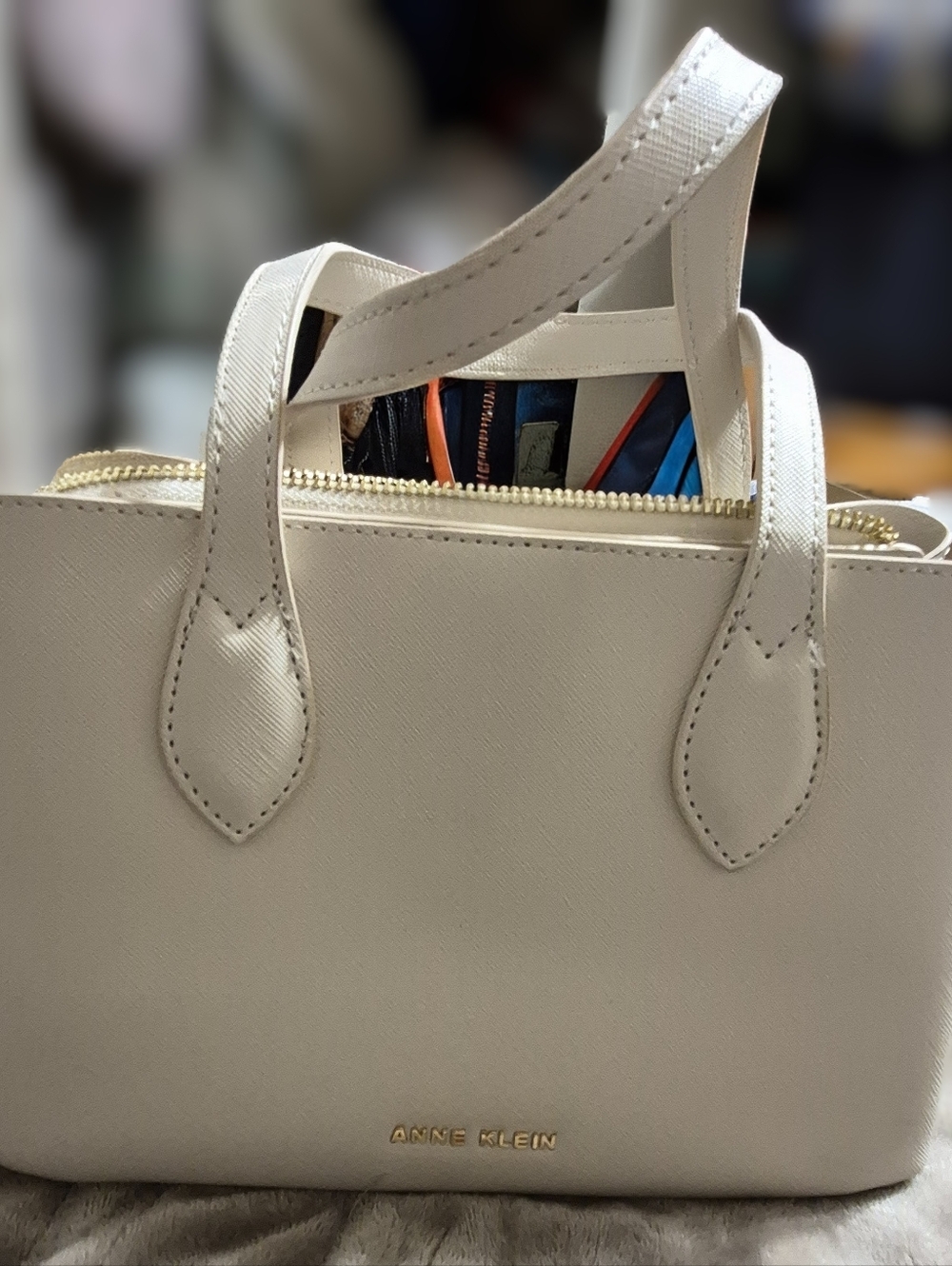 Anne Klein Cream Saffiano Leather Satchel with Gold Hardware